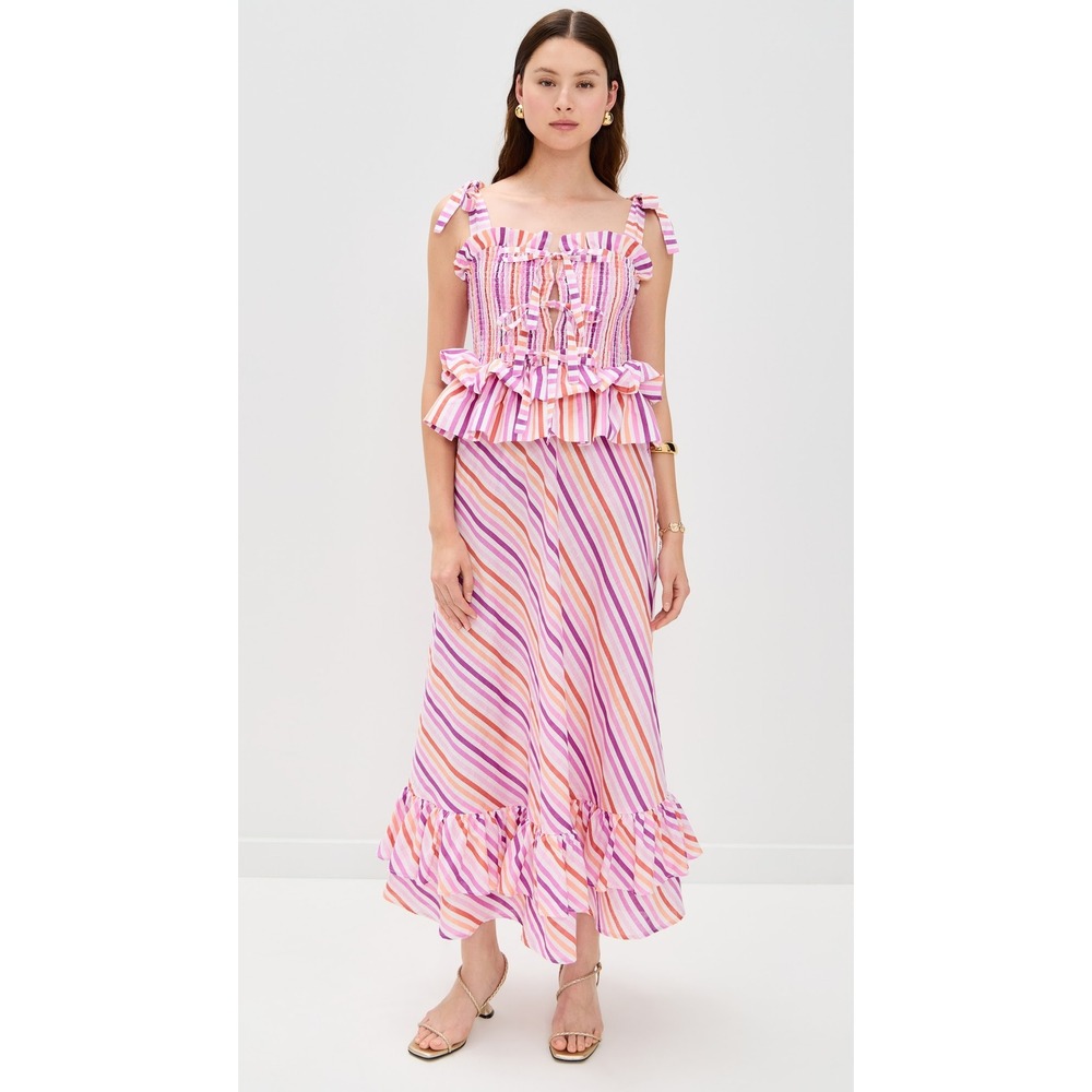 CeliaB Striped Maxi Dress Pink Orange Smocked Bodice Ruffle Hem Tie Shoulder NEW